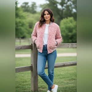 KVR Blush Faux Fur Alphabet Bomber Jacket Large Cozy Soft Girl Y2K Streetwear